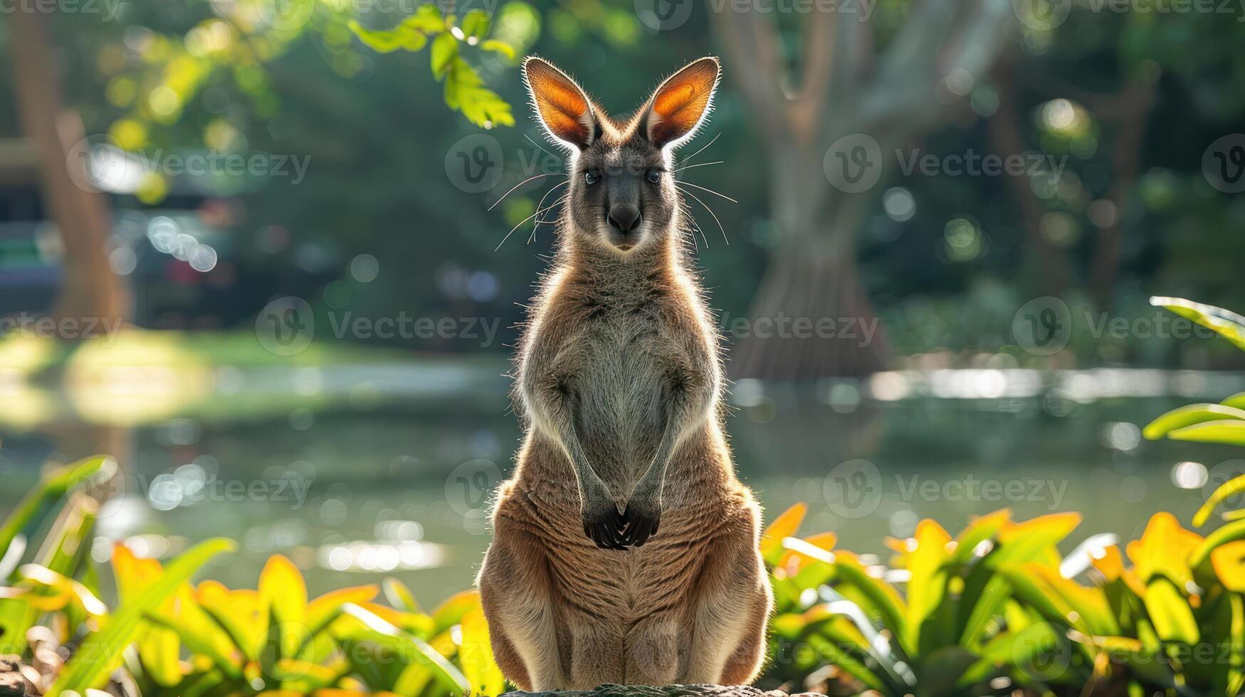 Kangaroo standing gracefully by a serene pond surrounded by lush greenery and vibrant flowers photo