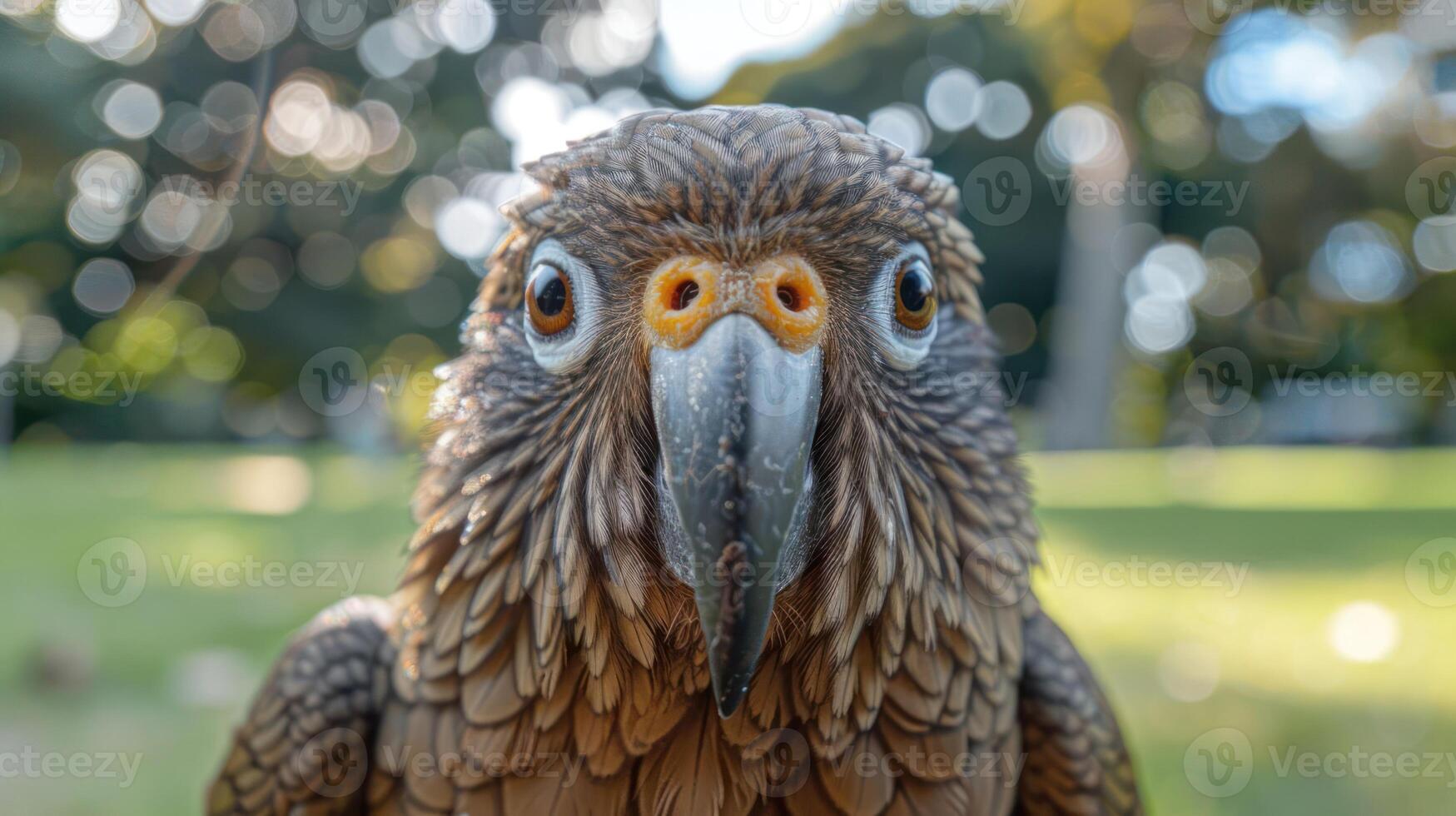 Close-up of a vibrant parrot with detailed feathers, set against a blurred natural background photo