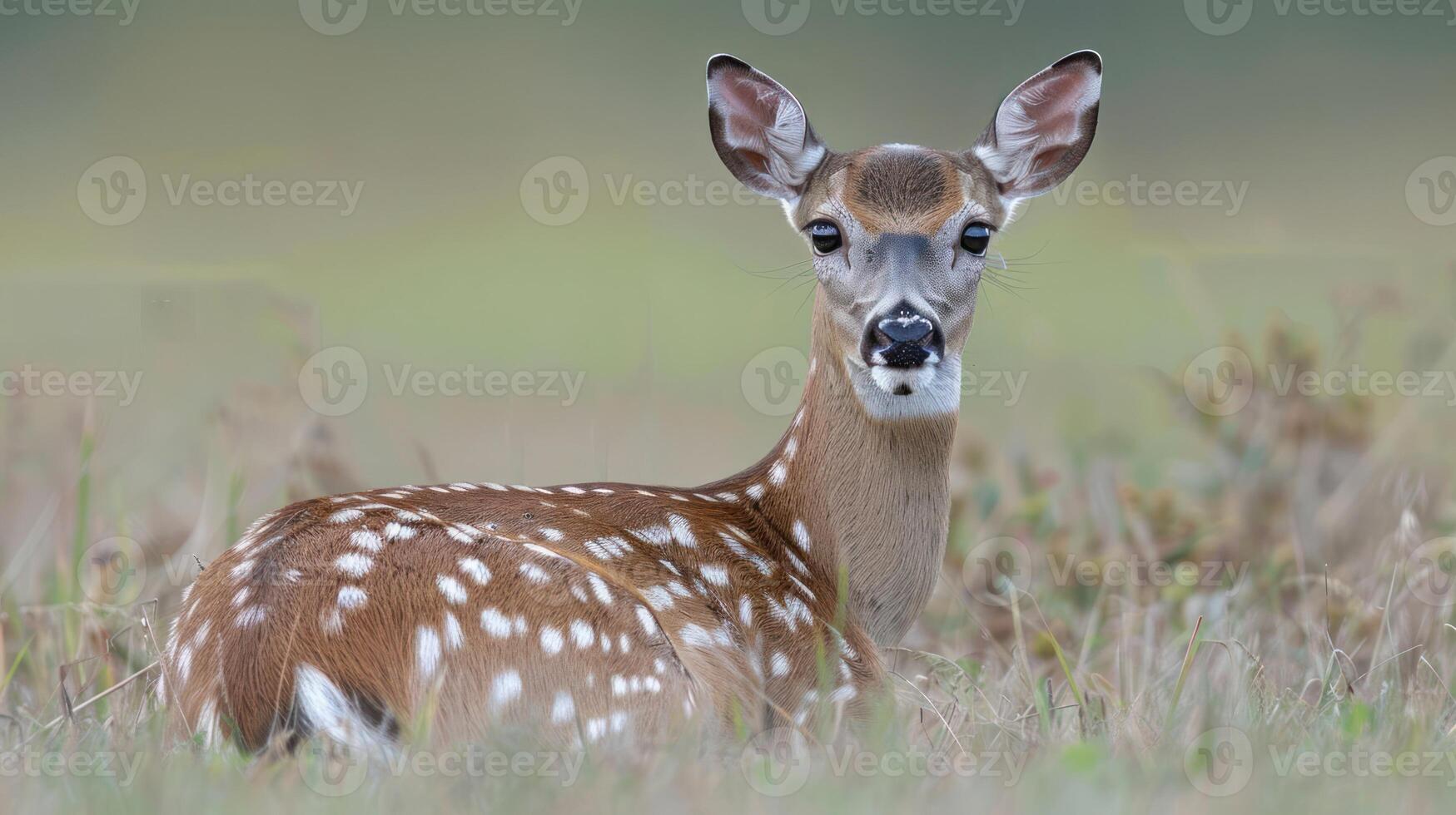 Young deer resting peacefully in a grassy field, surrounded by soft, blurred greenery photo