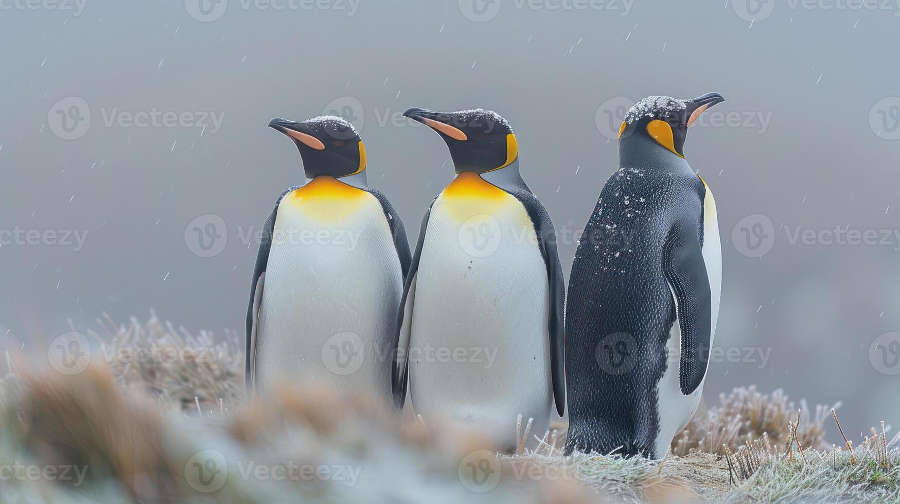 Three king penguins standing in a snowy landscape, showcasing their vibrant colors and resilience photo