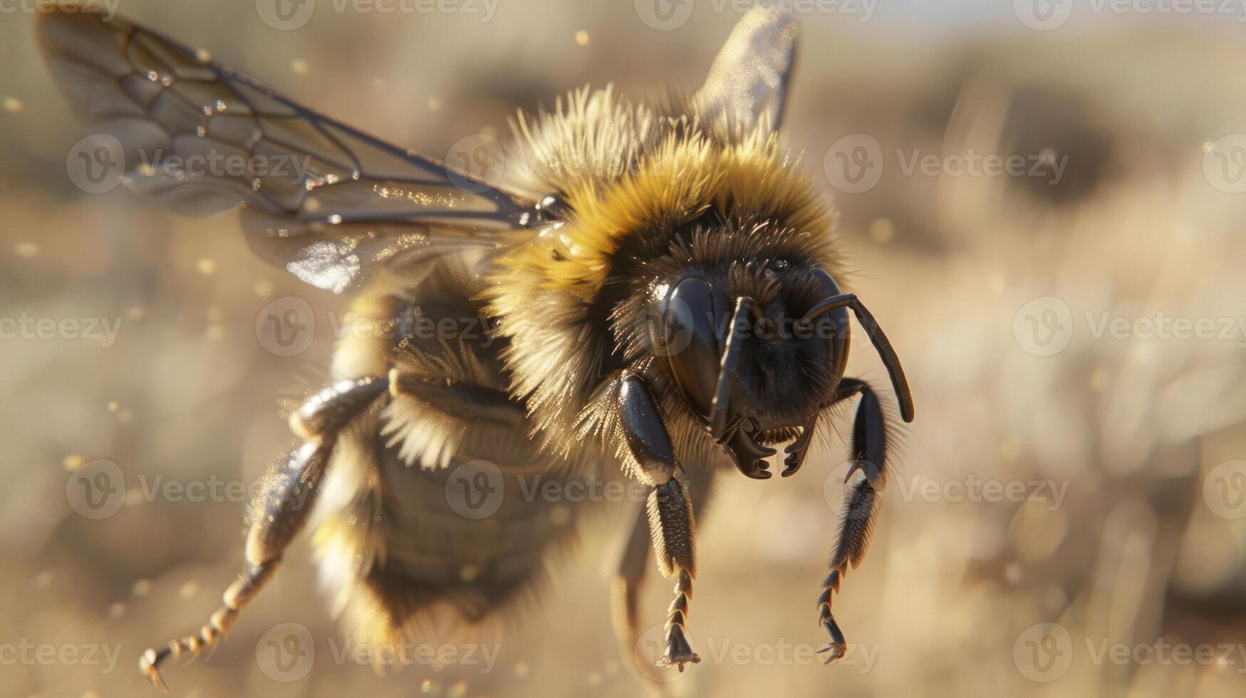 Close-up of a bee in flight, surrounded by golden pollen in a natural setting, capturing its beauty photo