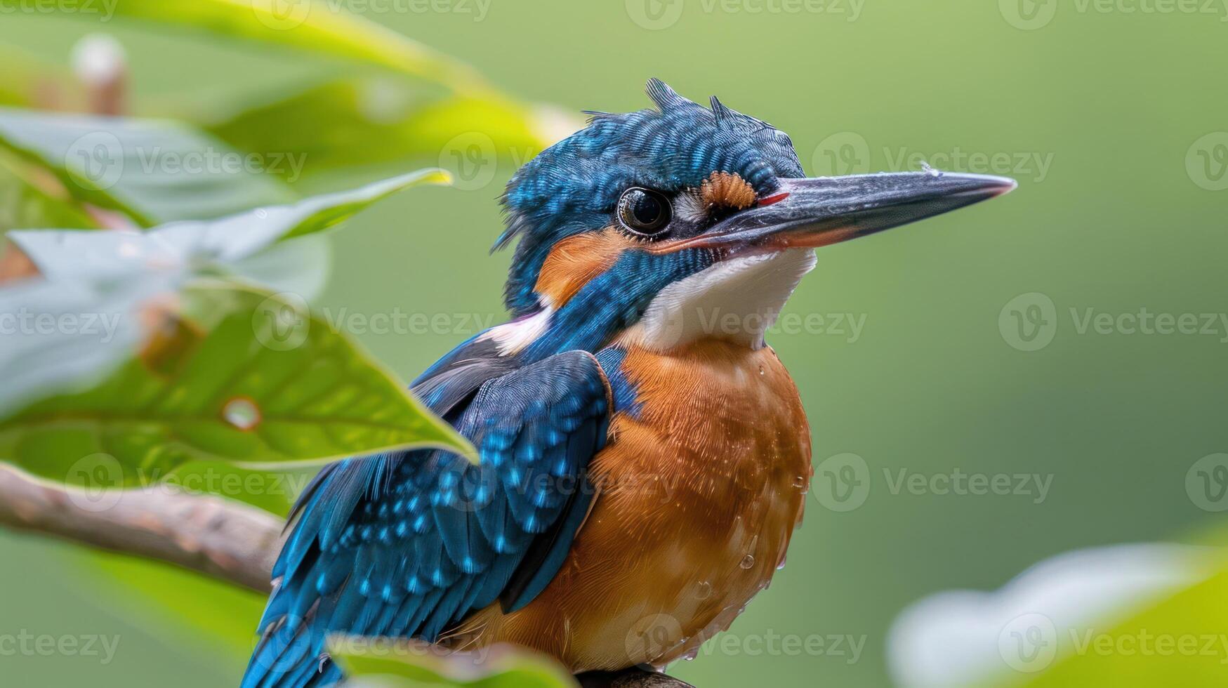 A vibrant kingfisher perched on a branch amidst lush green foliage, showcasing its vivid colors photo