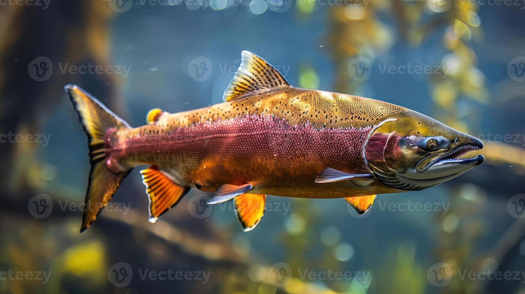 Vibrant salmon swimming gracefully through a lush underwater environment with sunlight filtering photo
