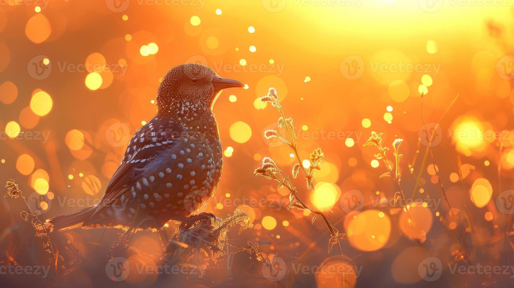 A solitary bird perched on grass during a golden sunset, surrounded by shimmering bokeh lights photo