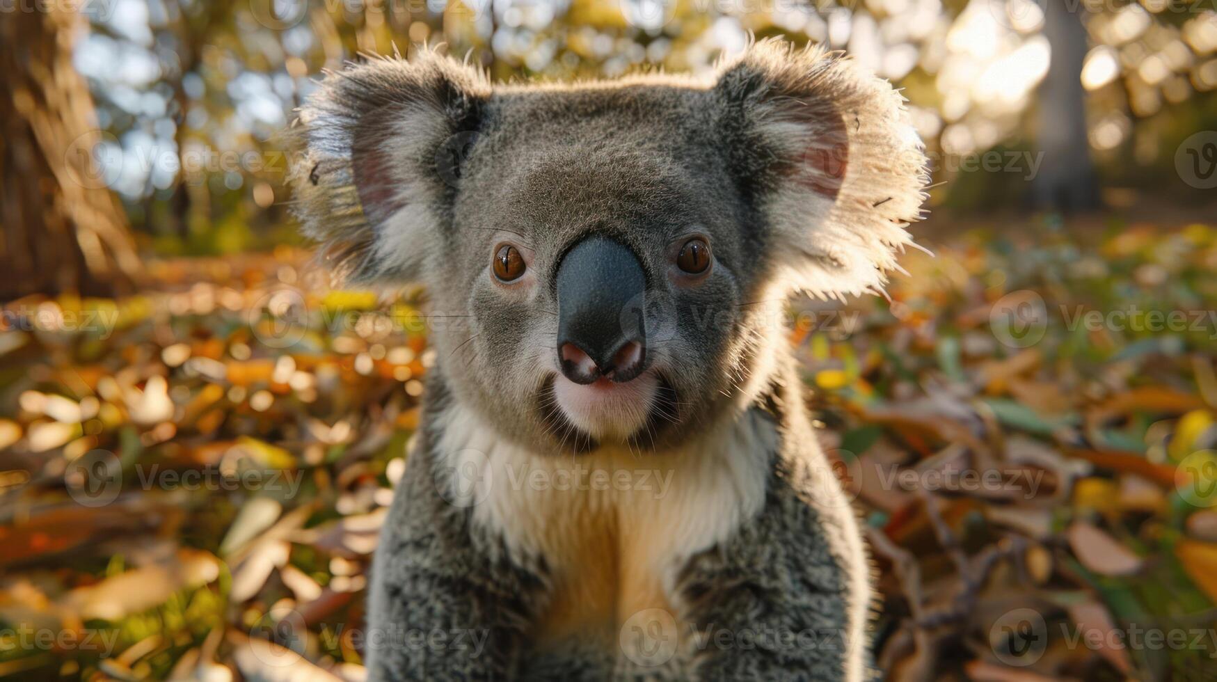 Close-up of a curious koala in a natural setting surrounded by autumn leaves and trees photo