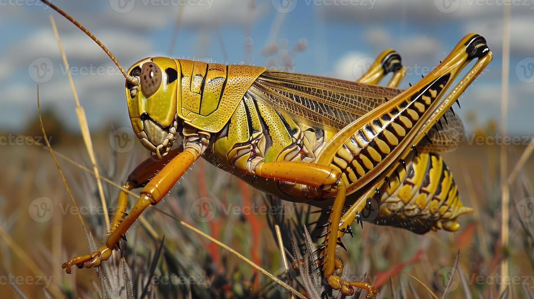 Close-up of a vibrant grasshopper perched on grass with a blurred natural background photo