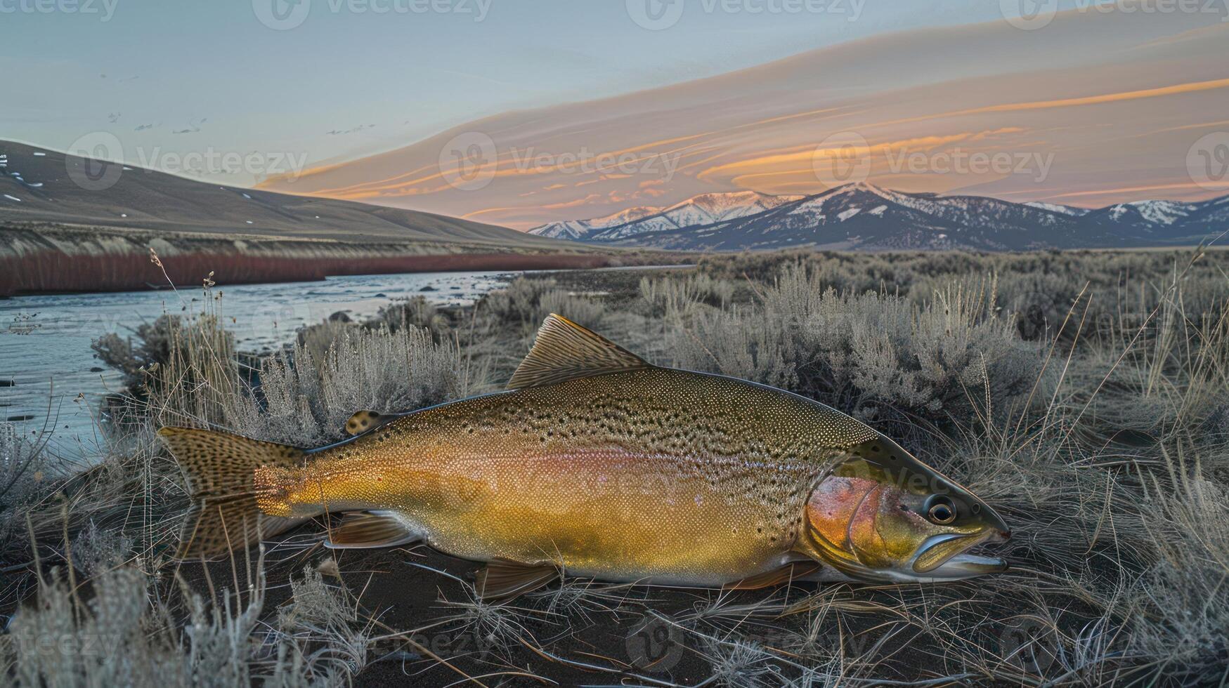 Majestic trout resting on riverbank at sunset, surrounded by mountains and serene landscape photo