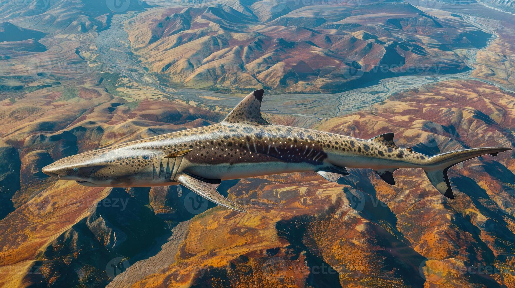 Aerial view of a majestic shark gliding over vibrant autumn landscapes in a serene environment photo