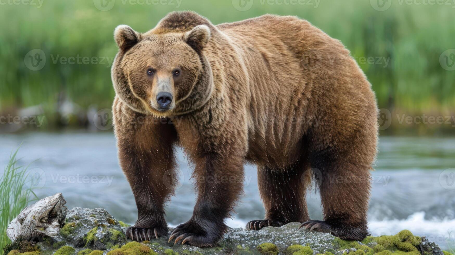 Grizzly bear standing majestically on a rocky shore near a flowing river, surrounded by lush greenery photo