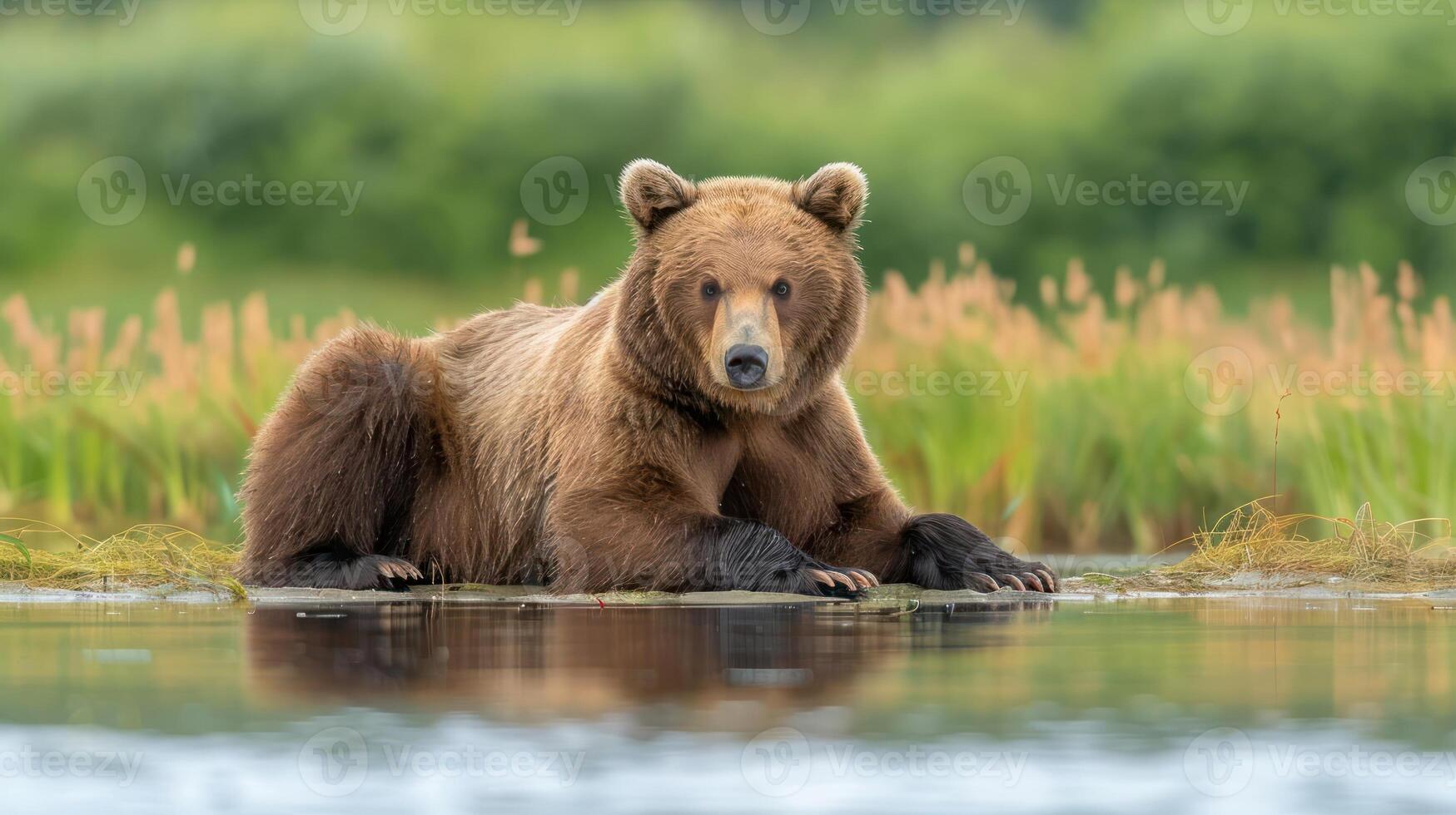 Majestic brown bear lounging by a serene lake surrounded by lush greenery and wildflowers photo
