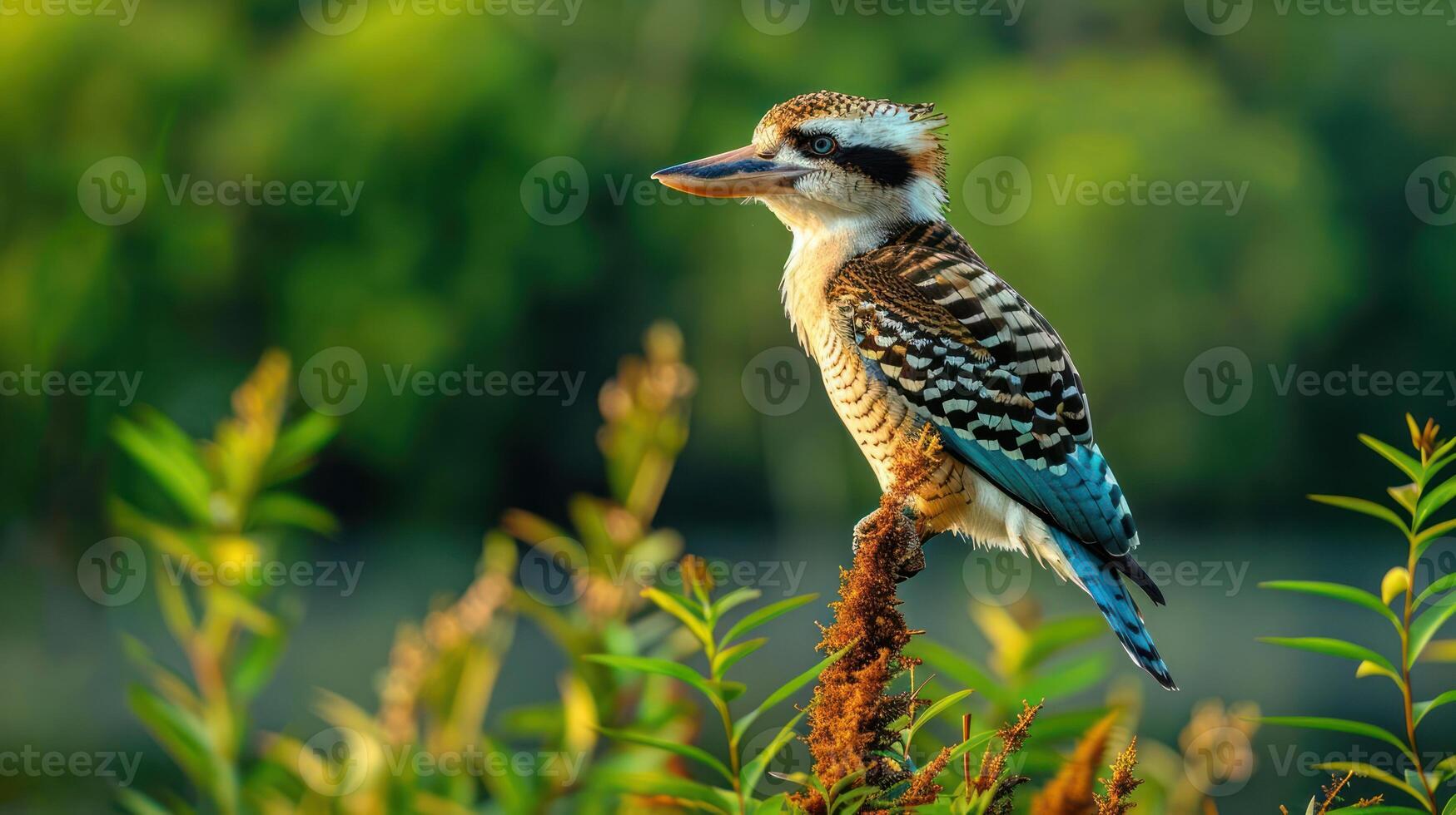 Colorful kookaburra perched on a branch amidst lush greenery in a serene natural setting photo