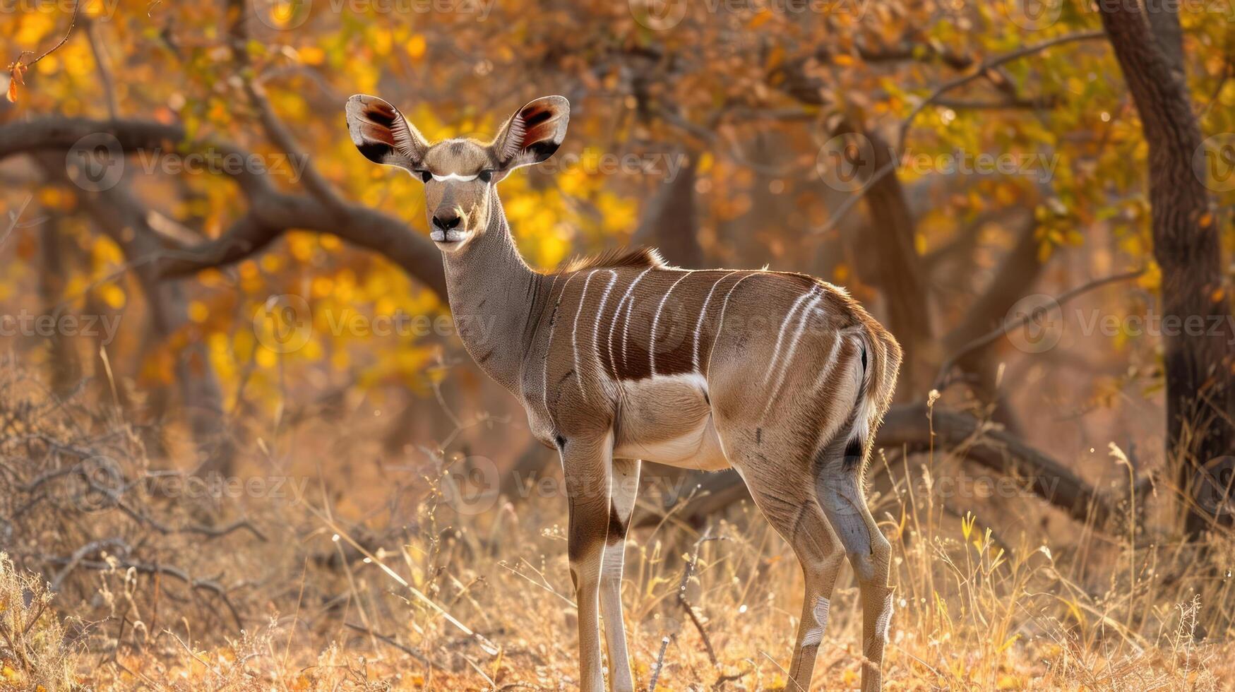 Majestic kudu standing gracefully in a sunlit forest with autumn foliage in the background photo