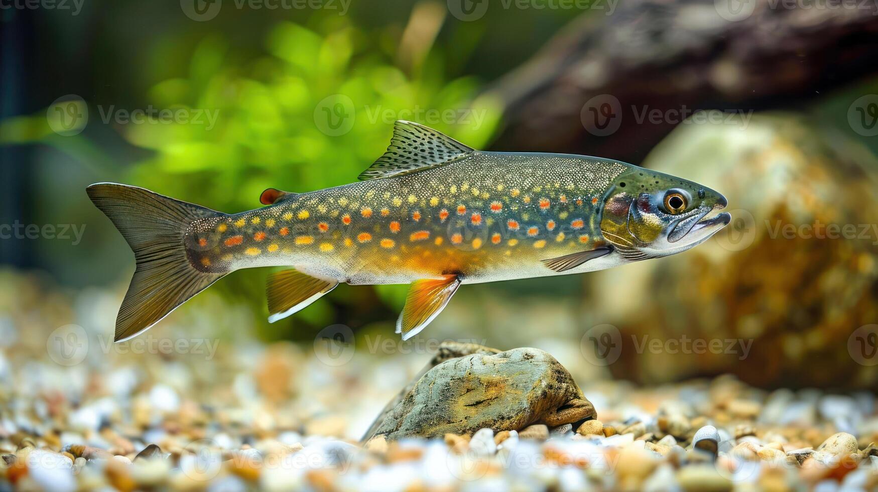 Vibrant brook trout swimming gracefully through a lush underwater environment photo
