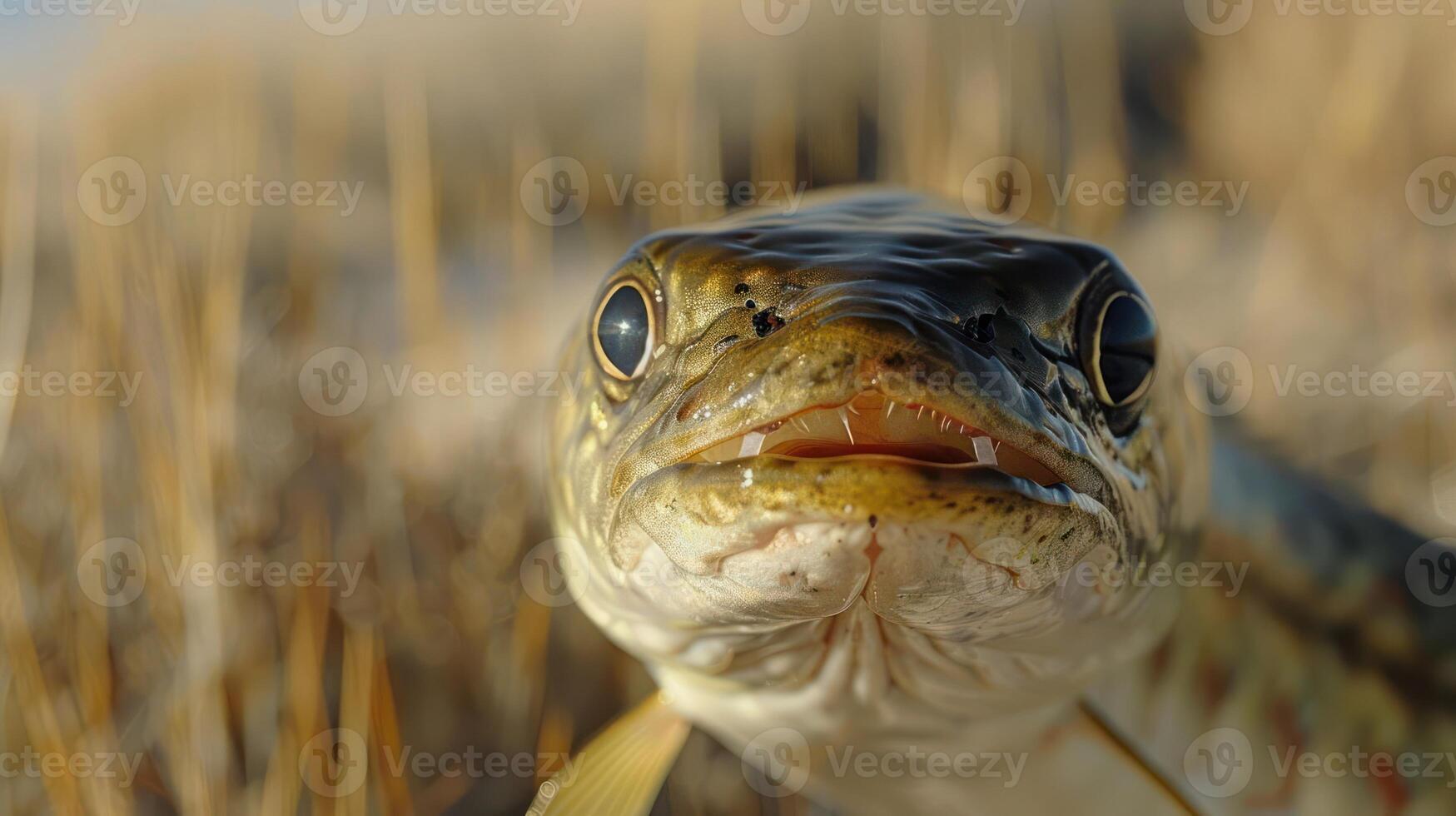 Close-up of a fish with detailed features, surrounded by natural grassland under soft sunlight photo