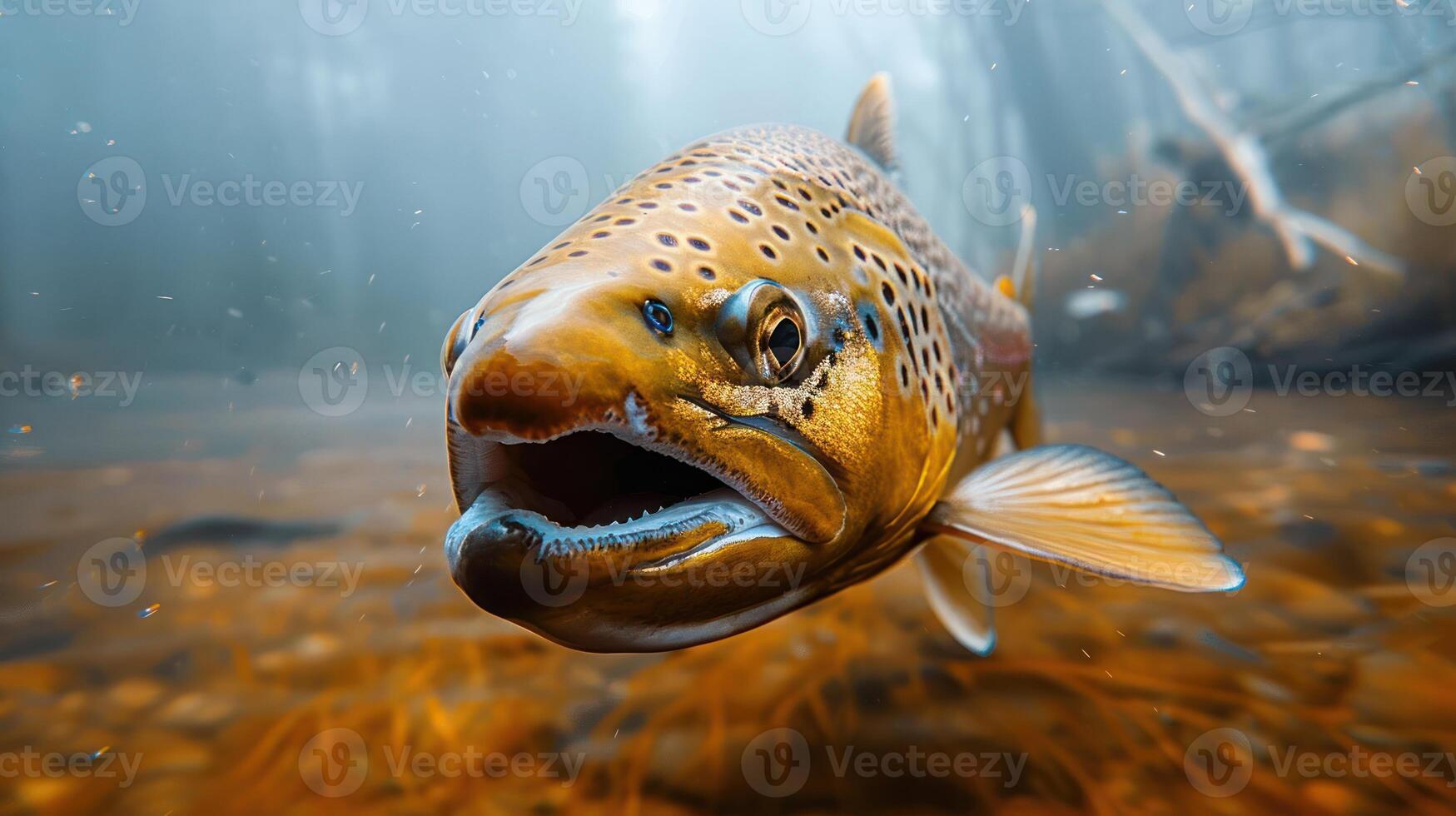 Close-up of a vibrant trout swimming underwater in a serene river environment surrounded by foliage photo