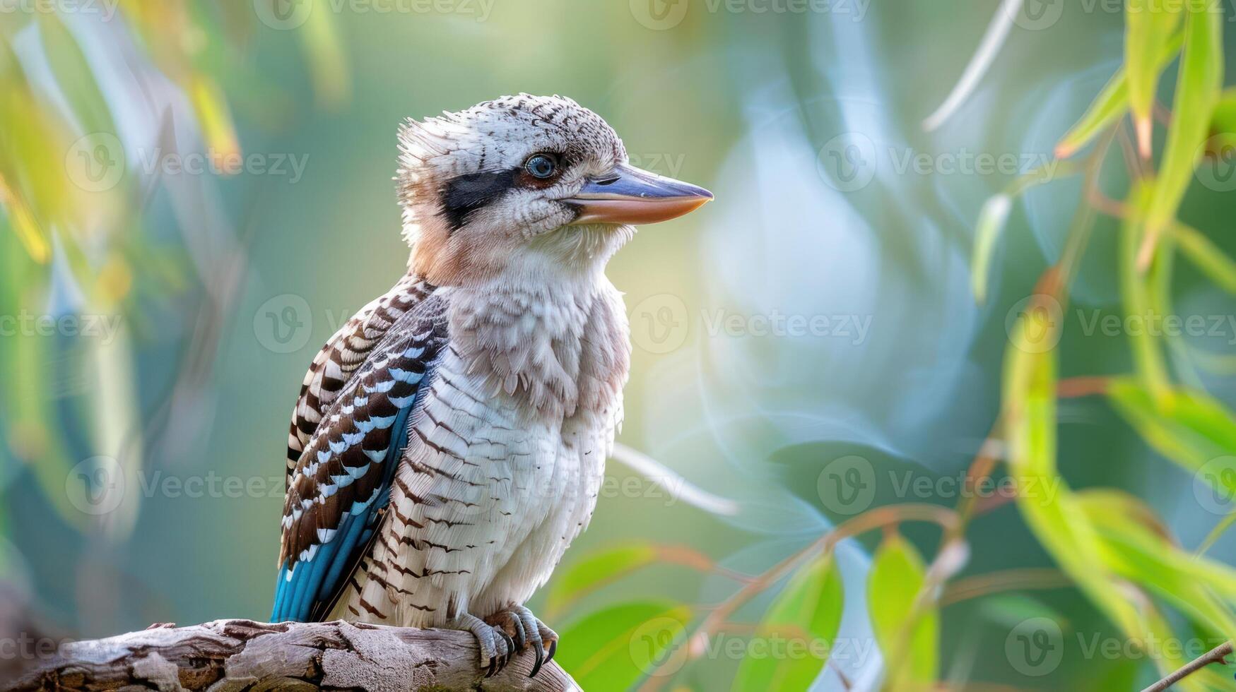 Colorful kookaburra perched on a branch amidst lush greenery, showcasing vibrant feathers and habitat photo