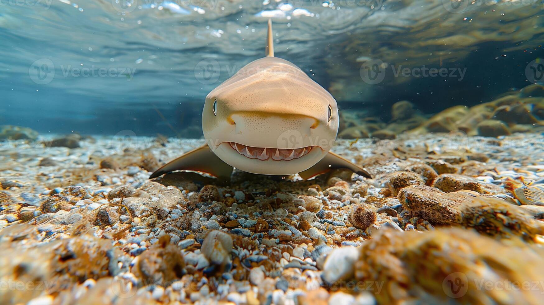 Underwater close-up of a smiling shark swimming over a rocky seabed in clear water photo