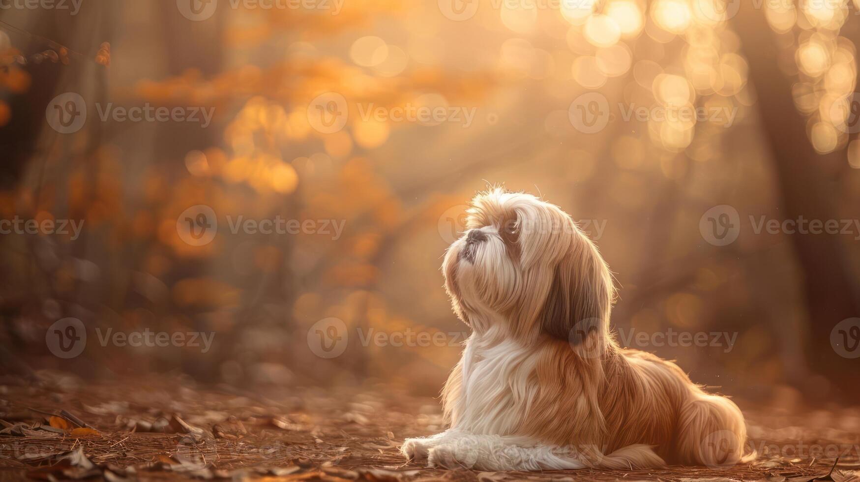 A serene Shih Tzu dog sits gracefully amidst autumn leaves in a sunlit forest photo