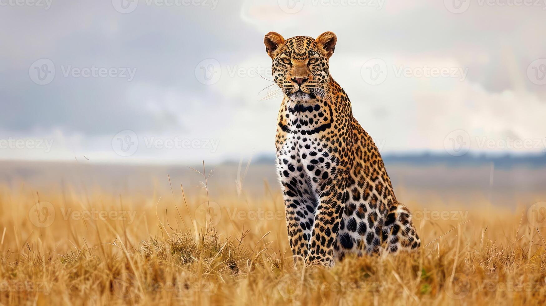 Majestic leopard sitting gracefully in golden grassland under a dramatic sky, showcasing its beauty photo