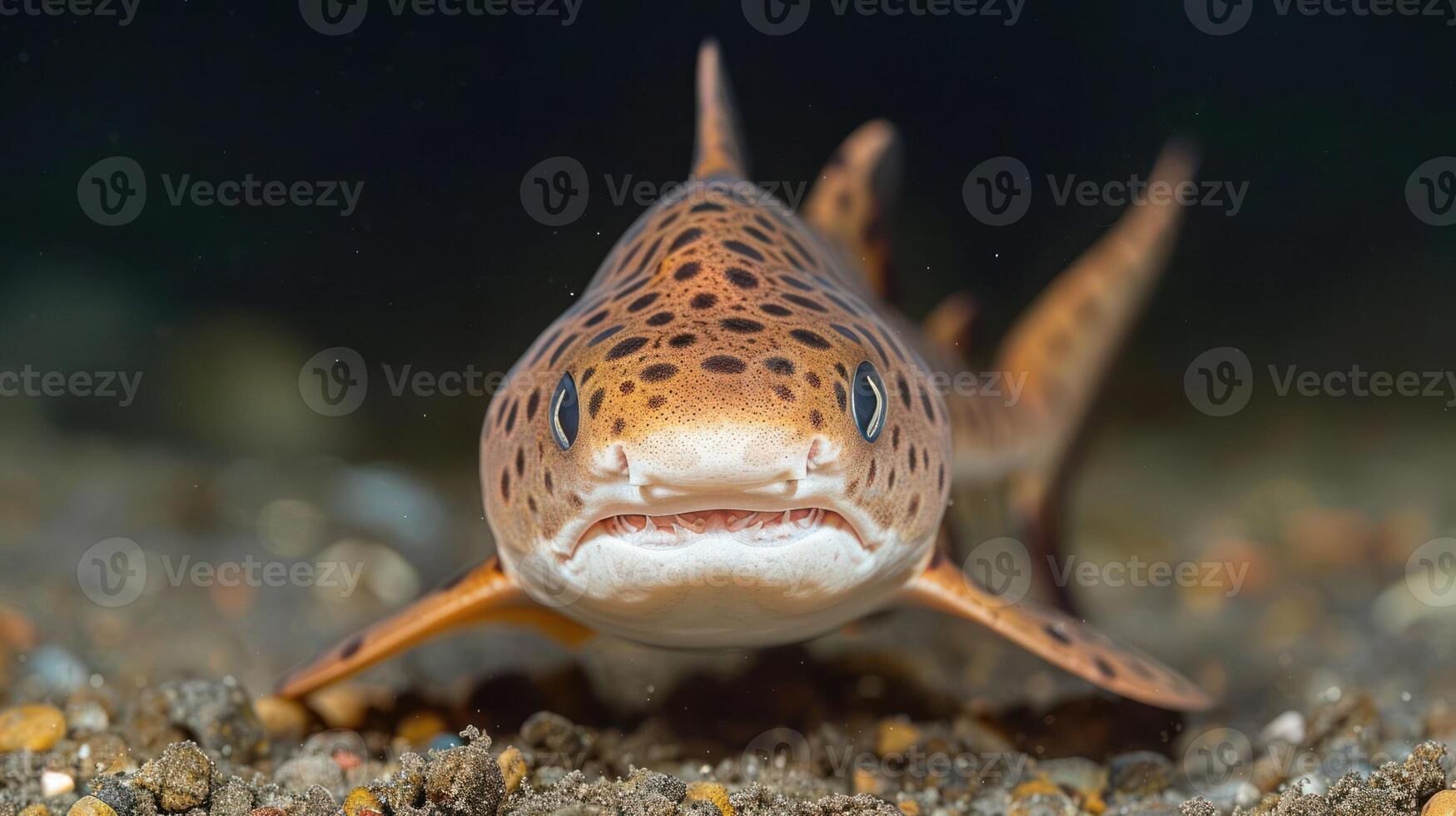 Close-up view of a leopard shark swimming through sandy ocean floor with bubbles photo