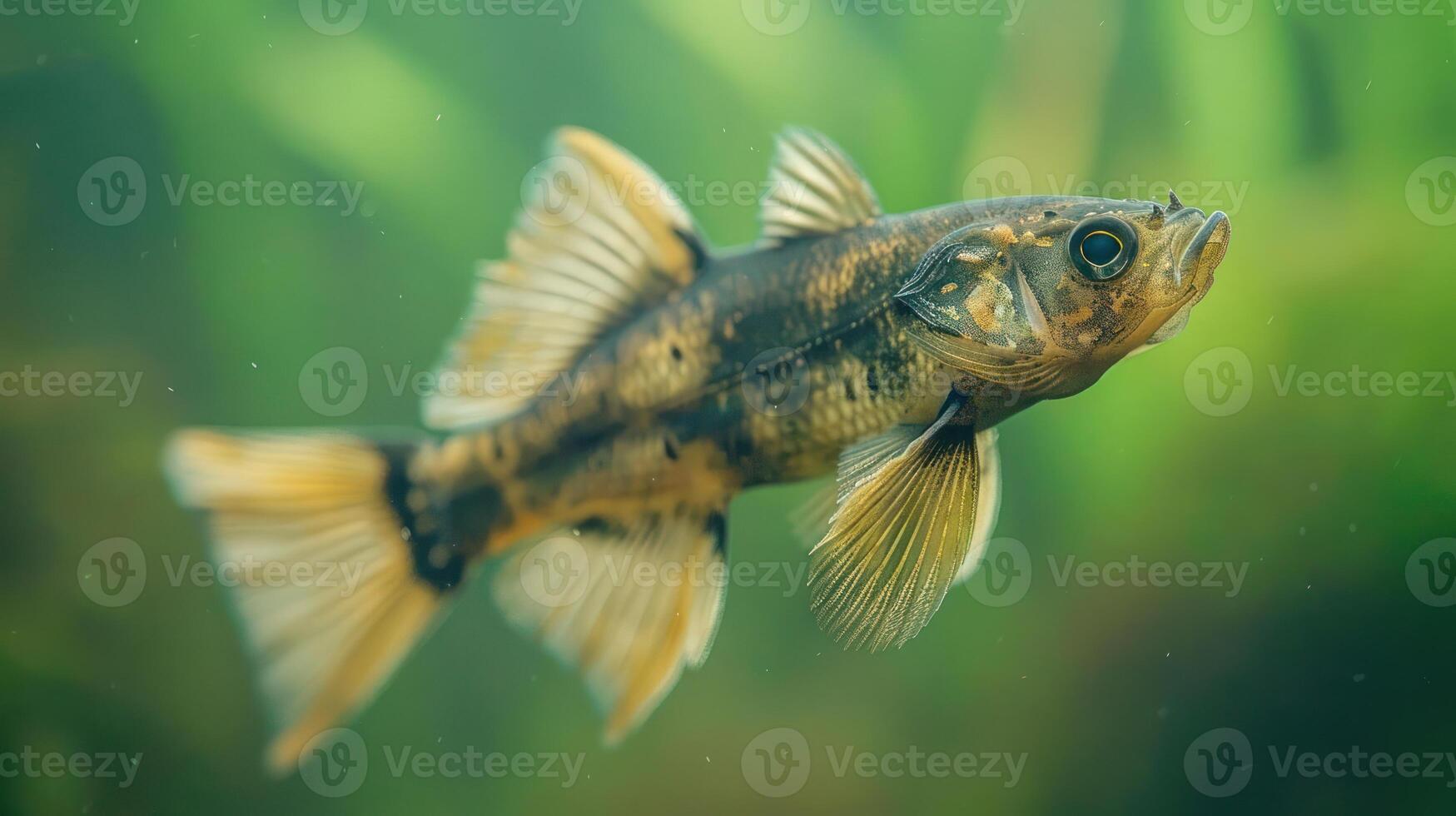 Underwater view of a fish swimming gracefully among aquatic plants in a serene environment photo