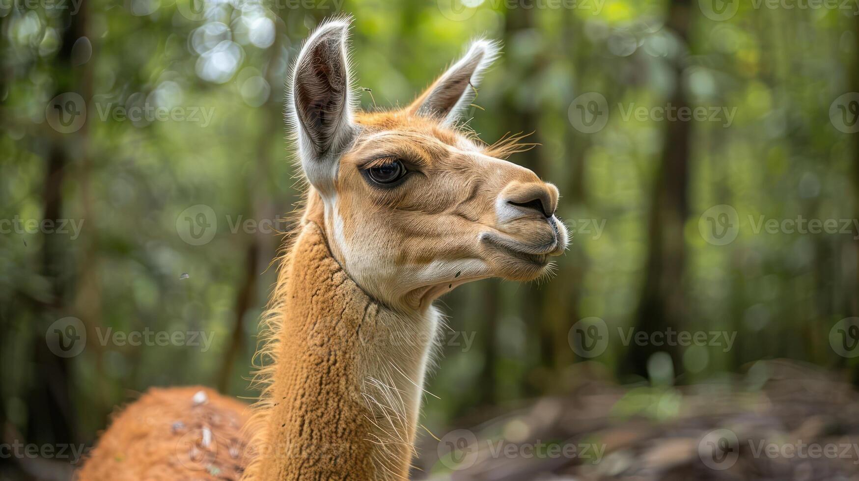 Close-up of a llama in a lush forest, showcasing its features and serene environment photo