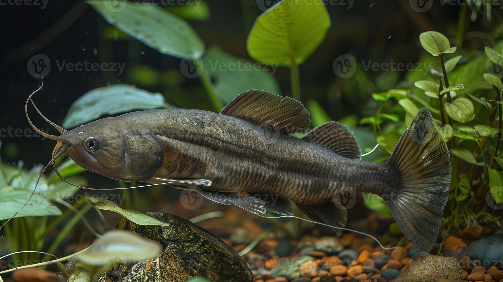 A detailed view of a catfish swimming gracefully among lush aquatic plants in a vibrant aquarium setting photo
