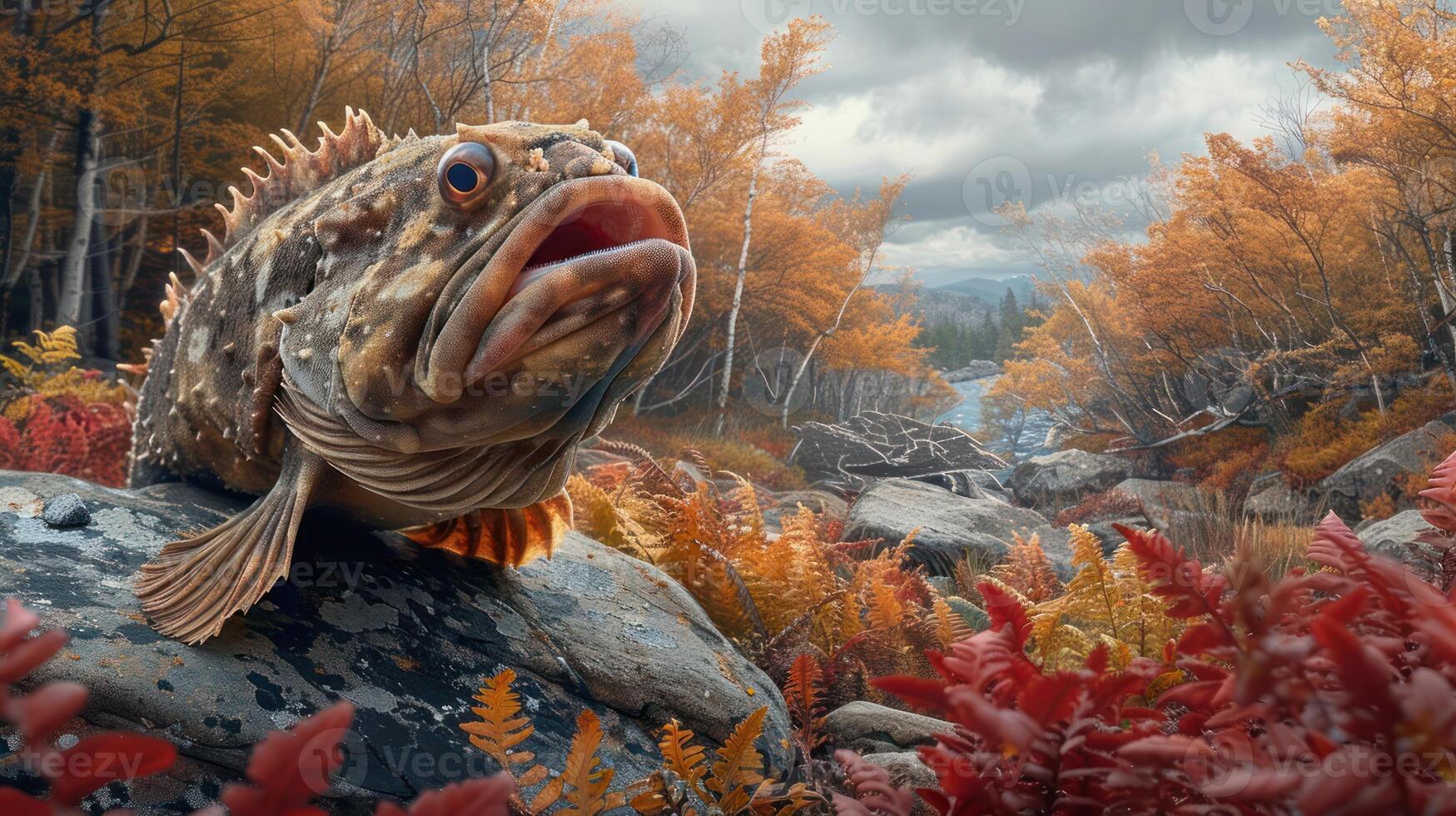 A vibrant fish resting on a rock amidst autumn foliage by a serene river under cloudy skies photo