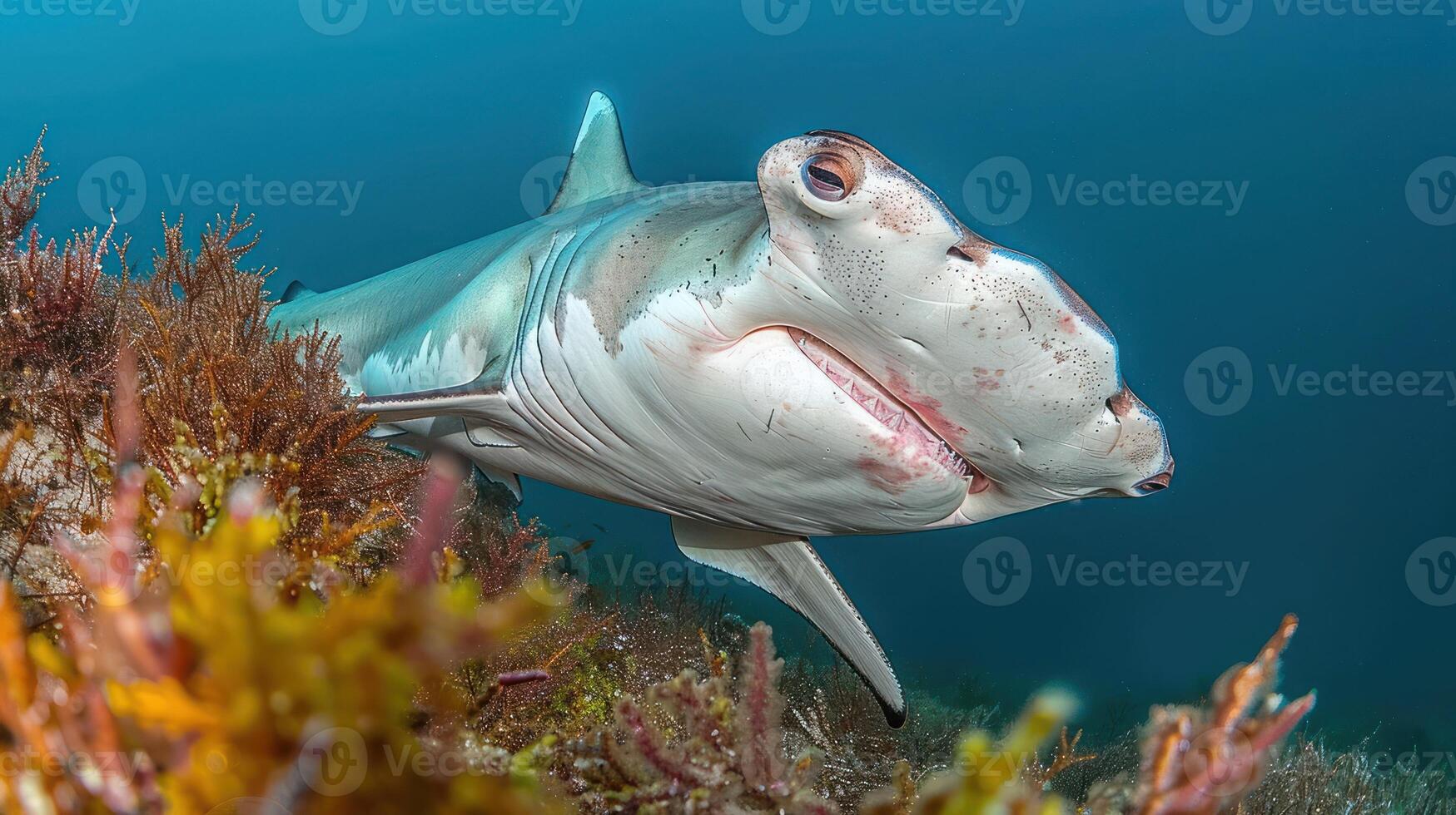 Close-up of a unique shark species swimming among colorful underwater vegetation in a vibrant reef photo