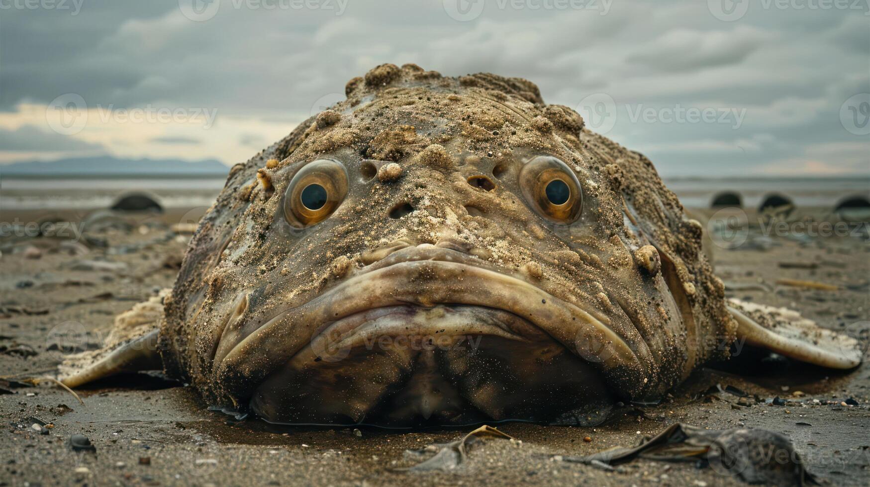 Close-up of a stranded fish on a sandy beach with cloudy skies and distant waves photo