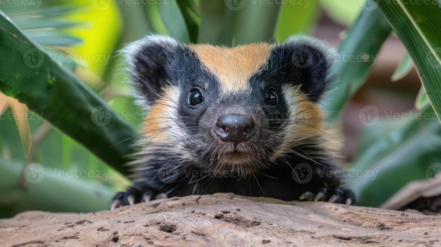 Close-up of a curious mammal peeking from behind foliage in a vibrant, natural setting photo