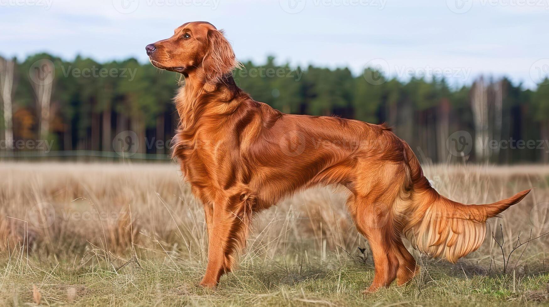 Golden retriever standing elegantly in a grassy field with trees in the background photo