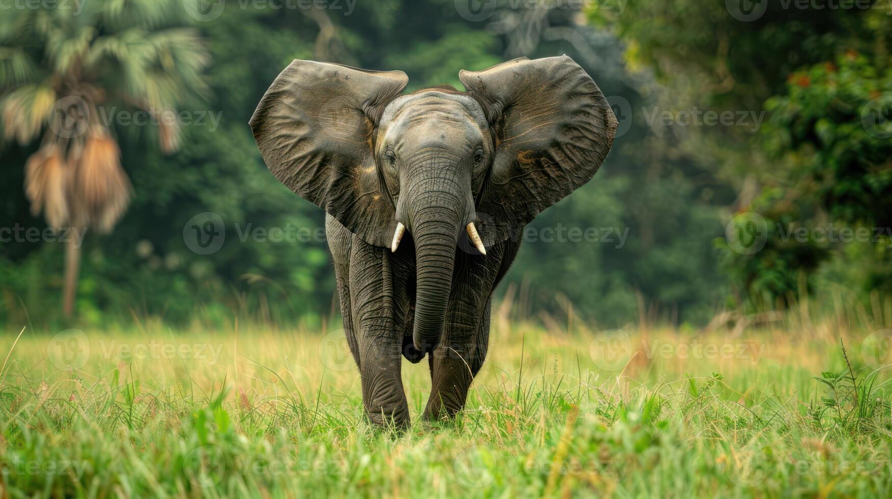 Majestic elephant walking through lush green grass in a vibrant forest setting photo