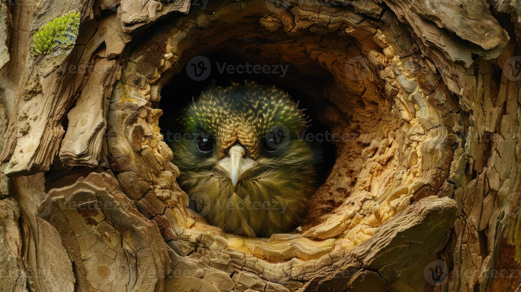 A vibrant bird peering from its tree hollow, surrounded by textured bark and greenery photo