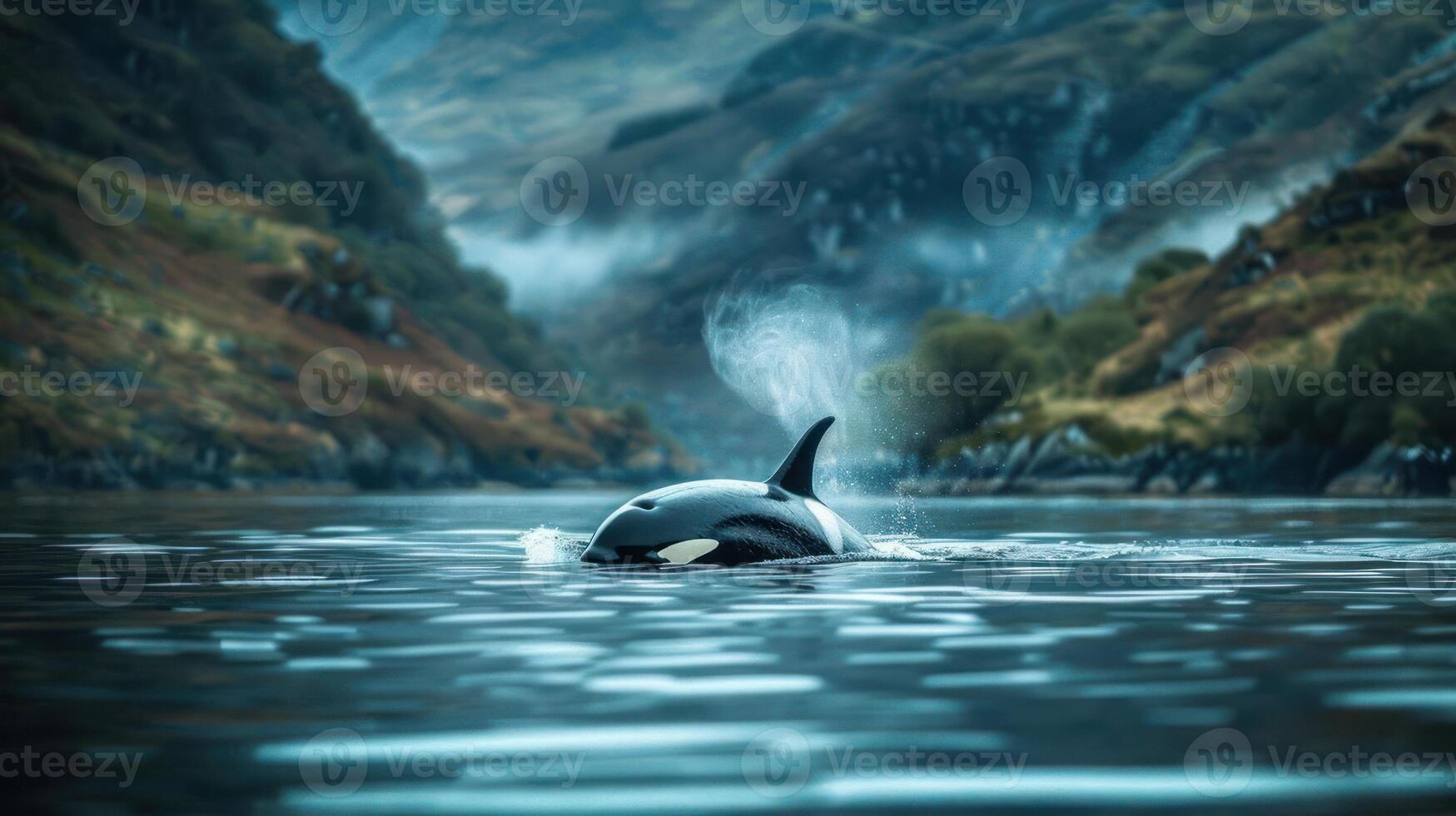 Majestic orca swimming in tranquil waters amidst misty mountains and lush greenery photo