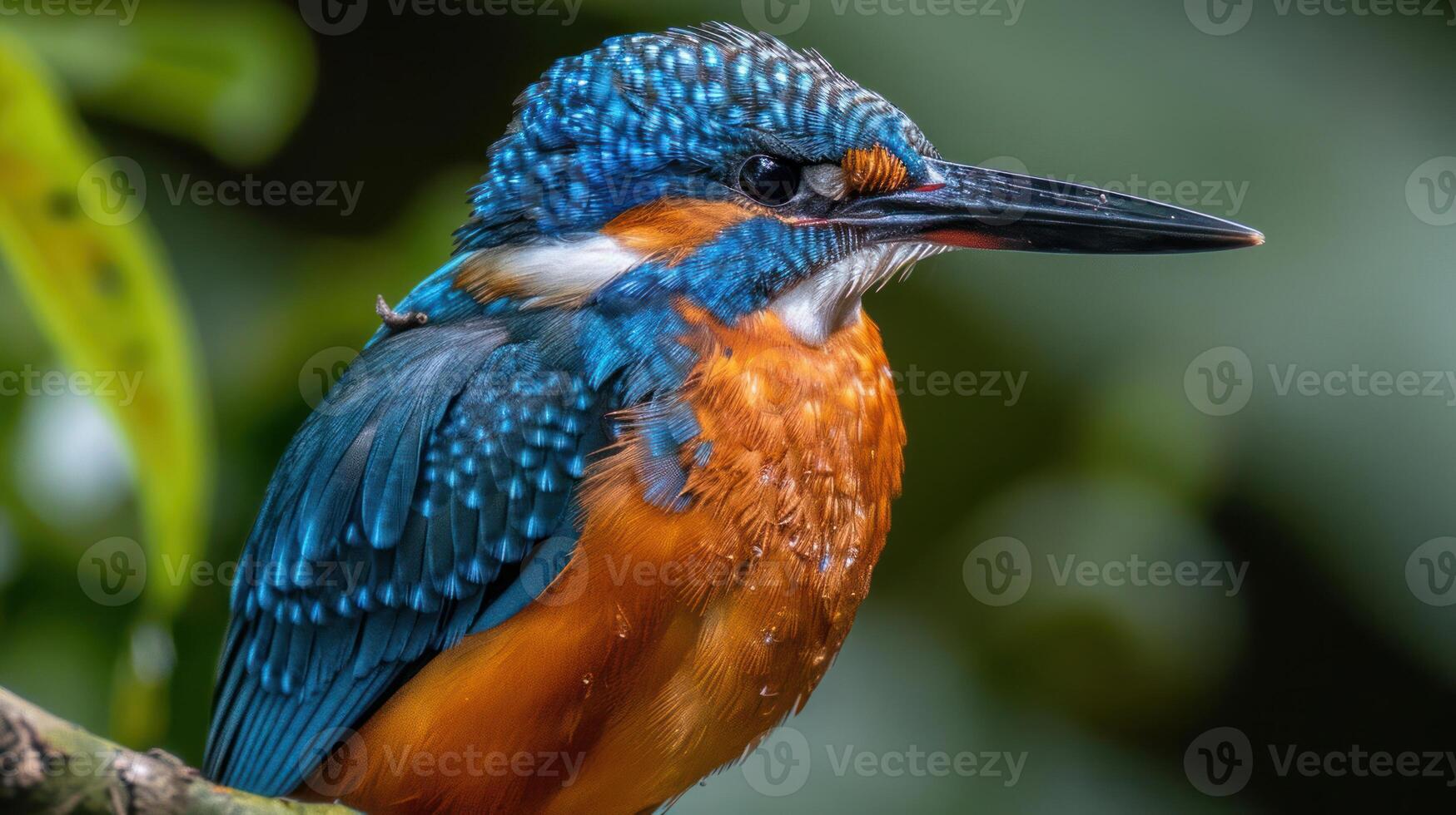 Close-up of a vibrant kingfisher perched on a branch amidst lush green foliage, showcasing its colorful feathers photo