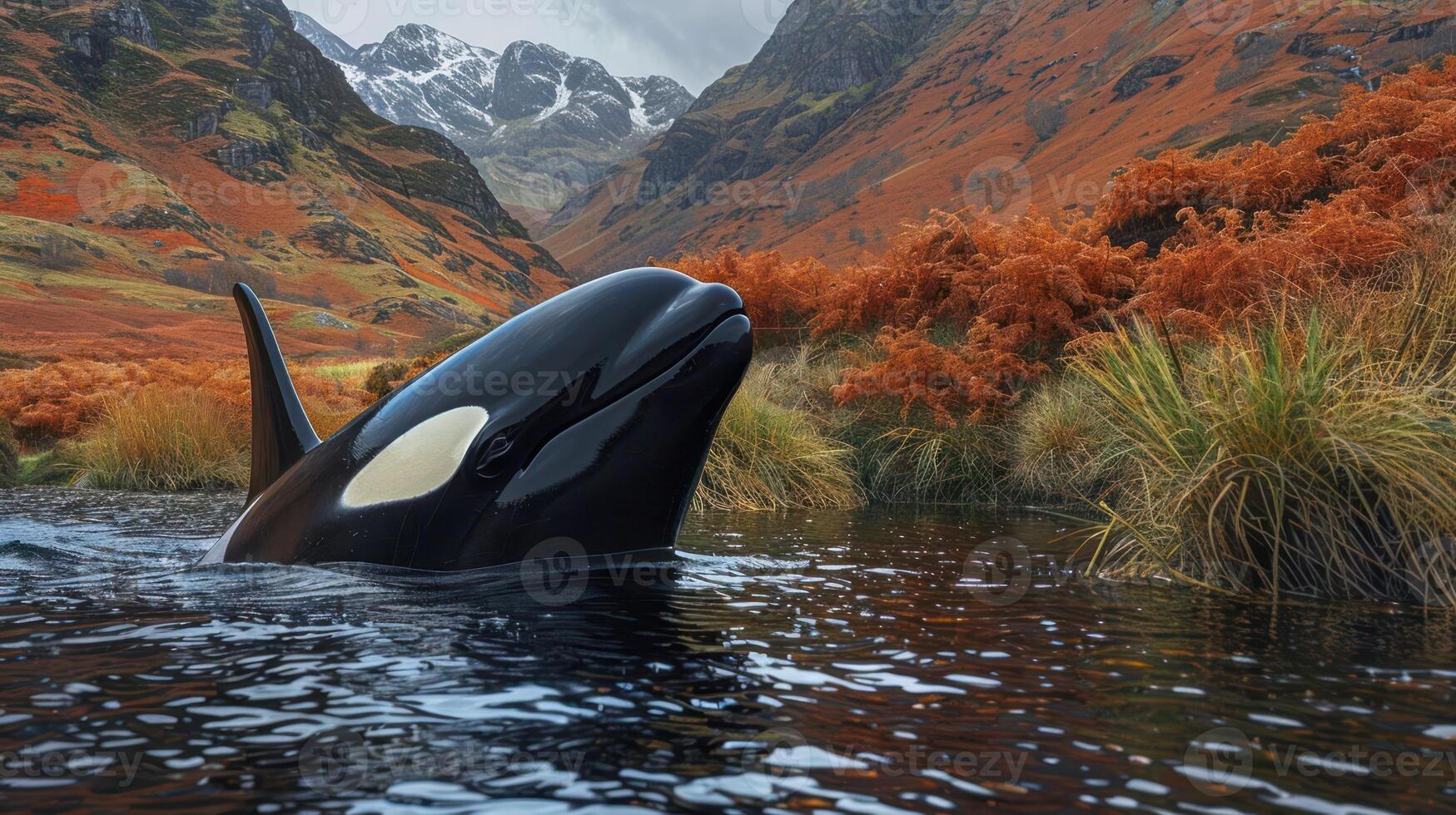 Majestic orca emerging from tranquil waters, surrounded by vibrant autumn foliage and mountains photo