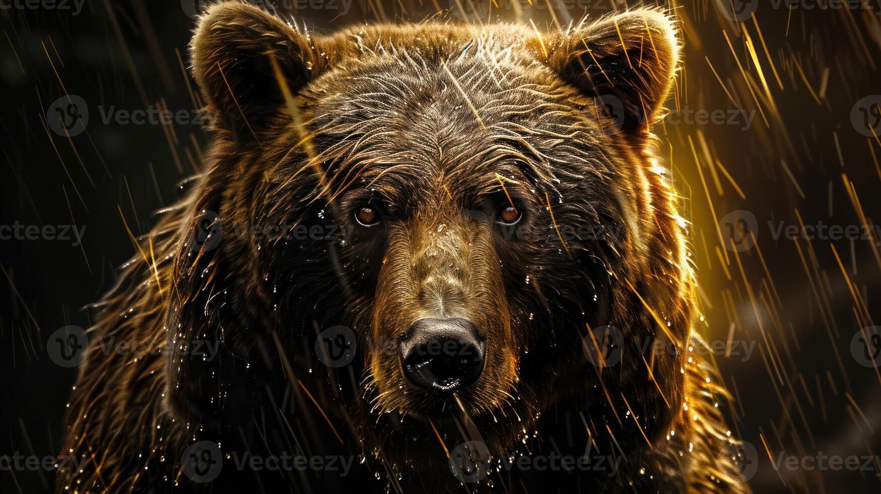 Close-up of a wet bear's face in a forest during rain, showcasing its intense gaze and nature's beauty photo