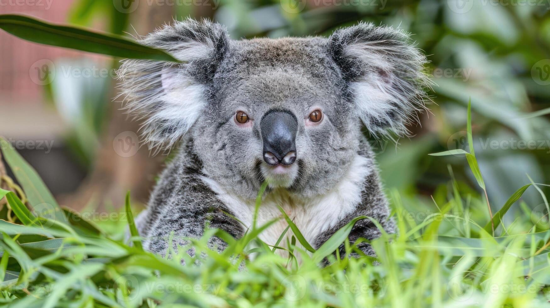 Close-up of a koala resting in lush green grass with blurred foliage in the background photo