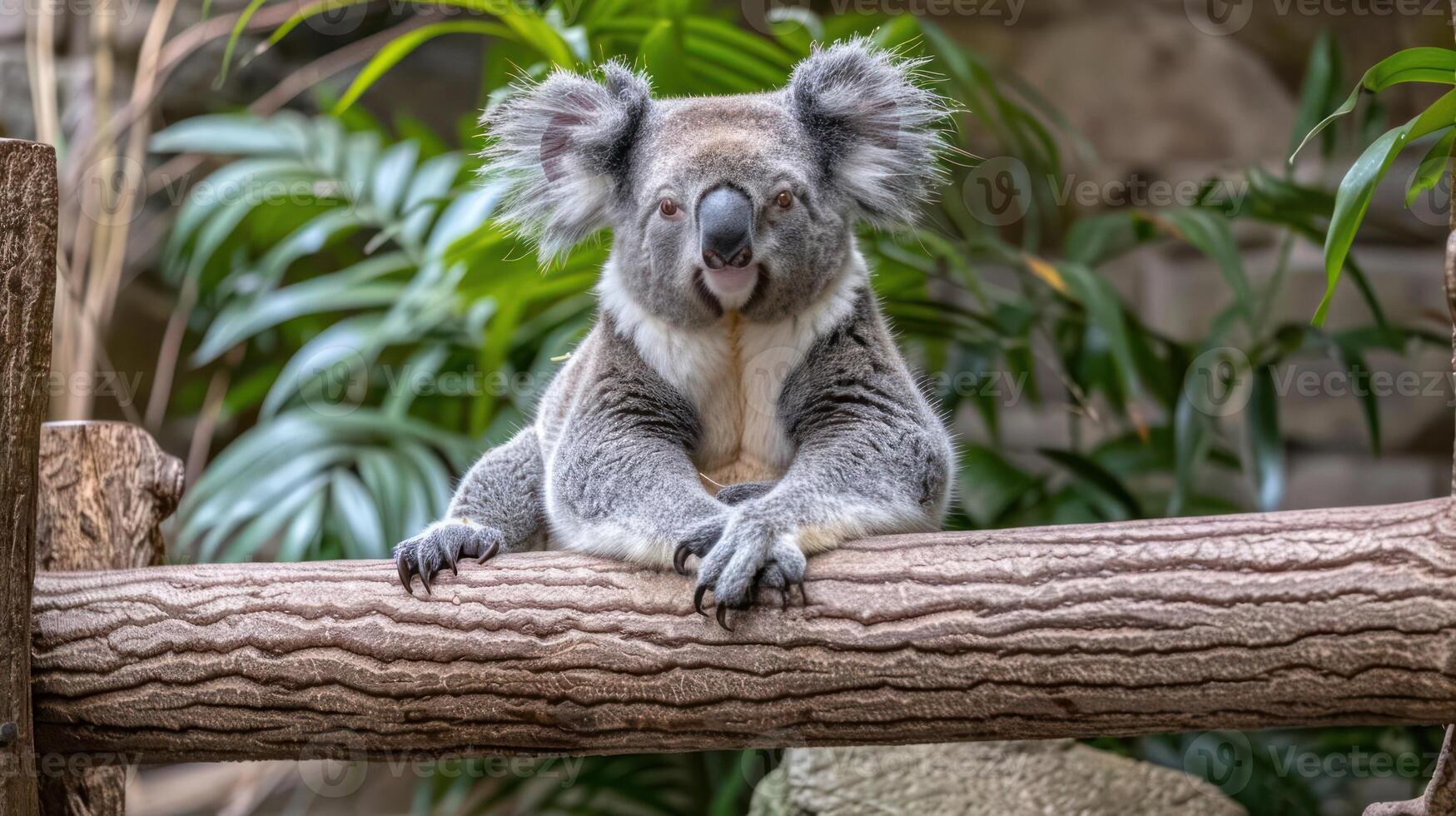 A relaxed koala lounging on a log amidst lush greenery in a natural habitat setting photo