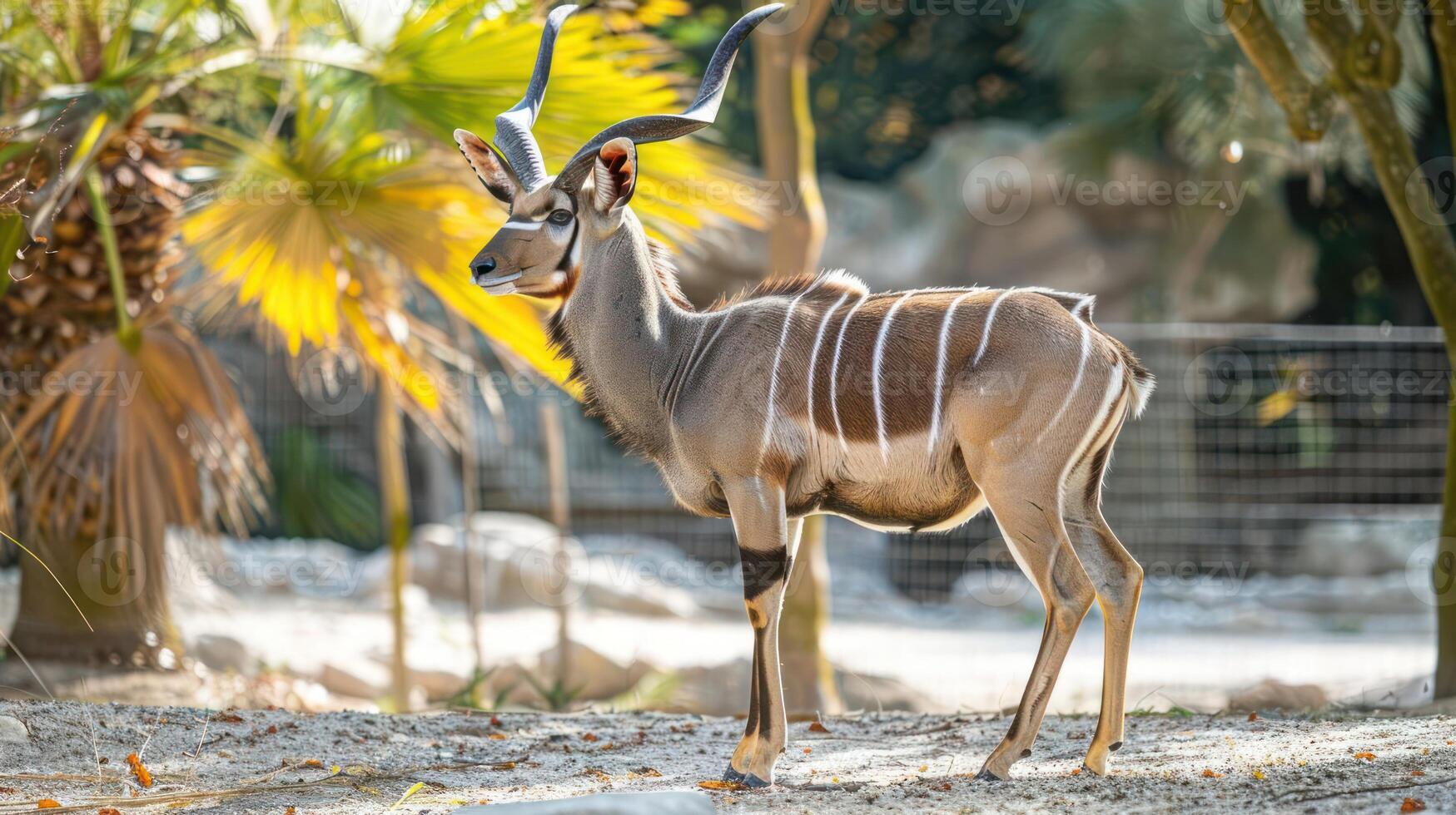 Majestic kudu standing gracefully in a sunlit zoo habitat with lush greenery in the background photo