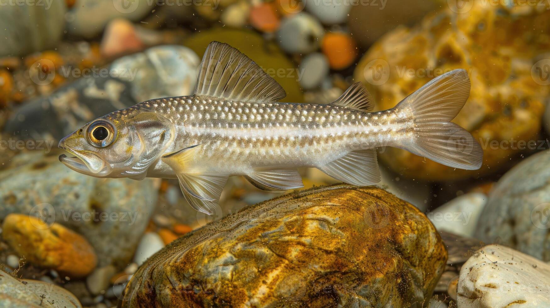 Underwater view of a fish swimming among pebbles in a clear stream, showcasing aquatic life photo