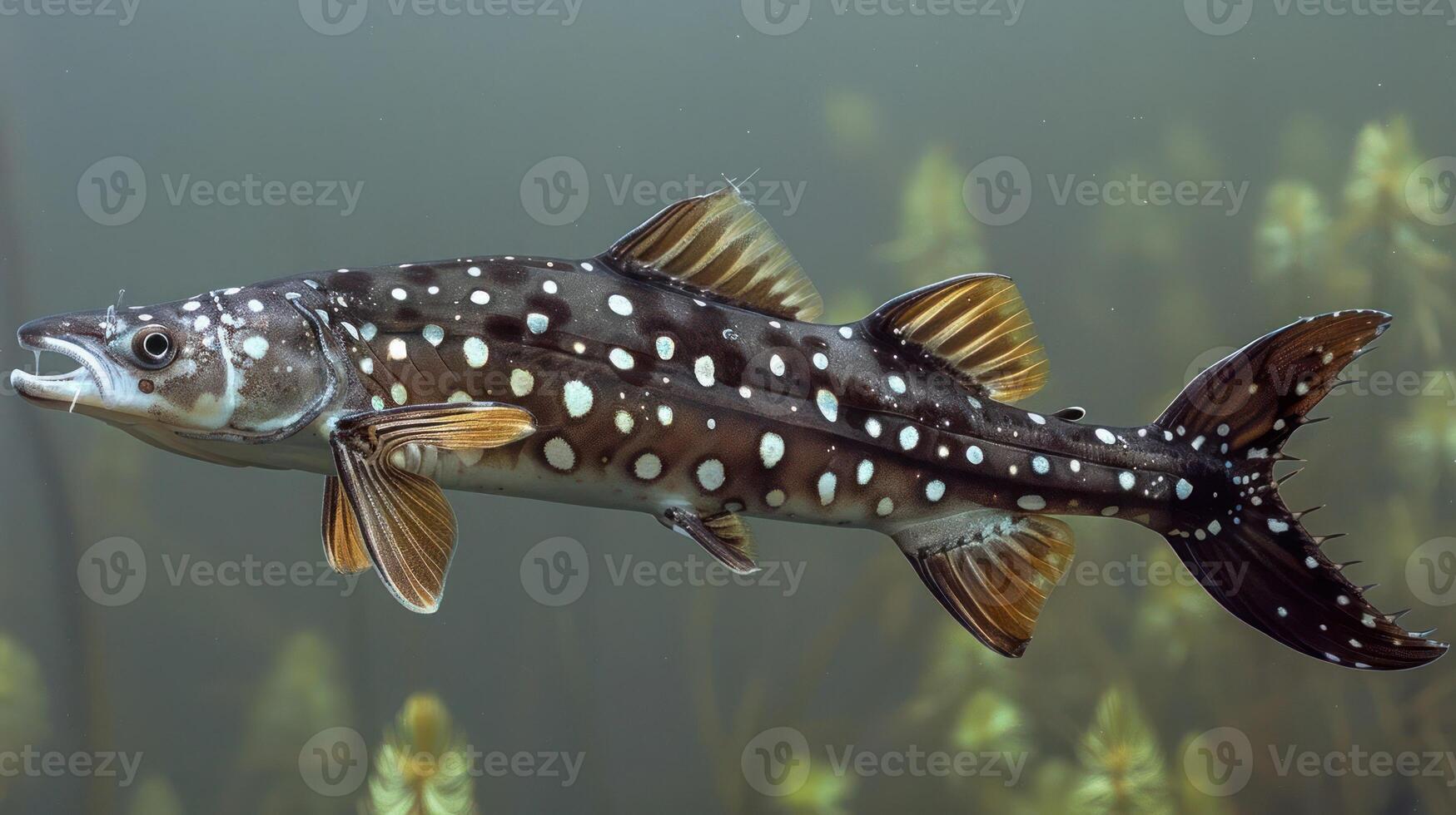 Underwater view of a spotted fish swimming gracefully among aquatic vegetation in a serene habitat photo