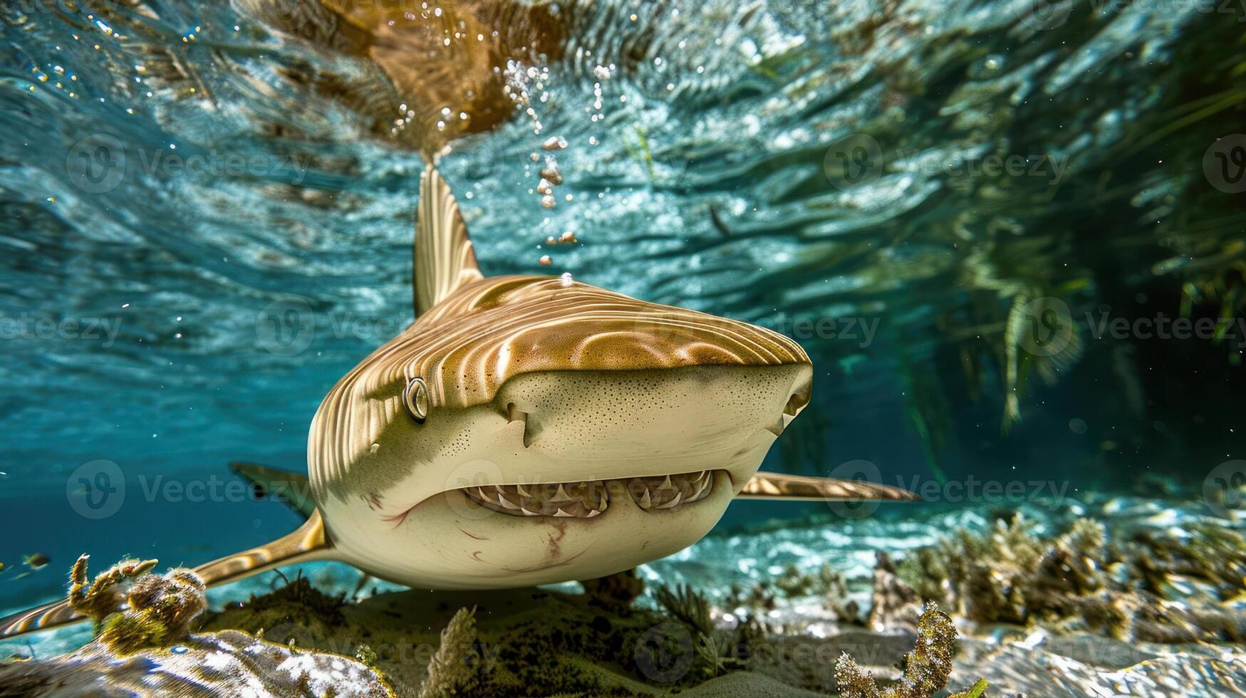 Underwater view of a shark swimming close to the camera in a vibrant coral reef setting photo