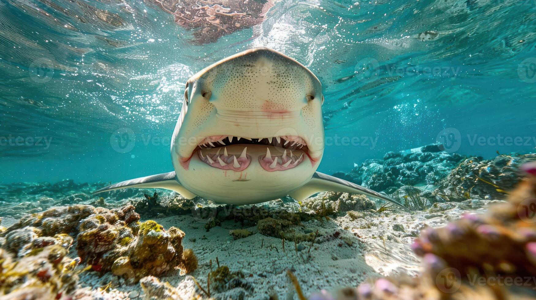 Underwater view of a shark swimming near vibrant coral reefs in a clear ocean photo