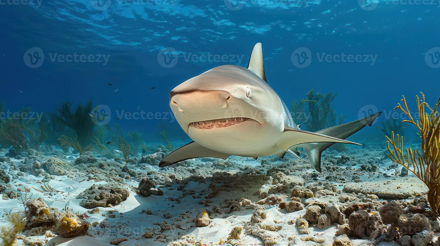 Underwater scene featuring a shark swimming gracefully over a sandy ocean floor with coral photo
