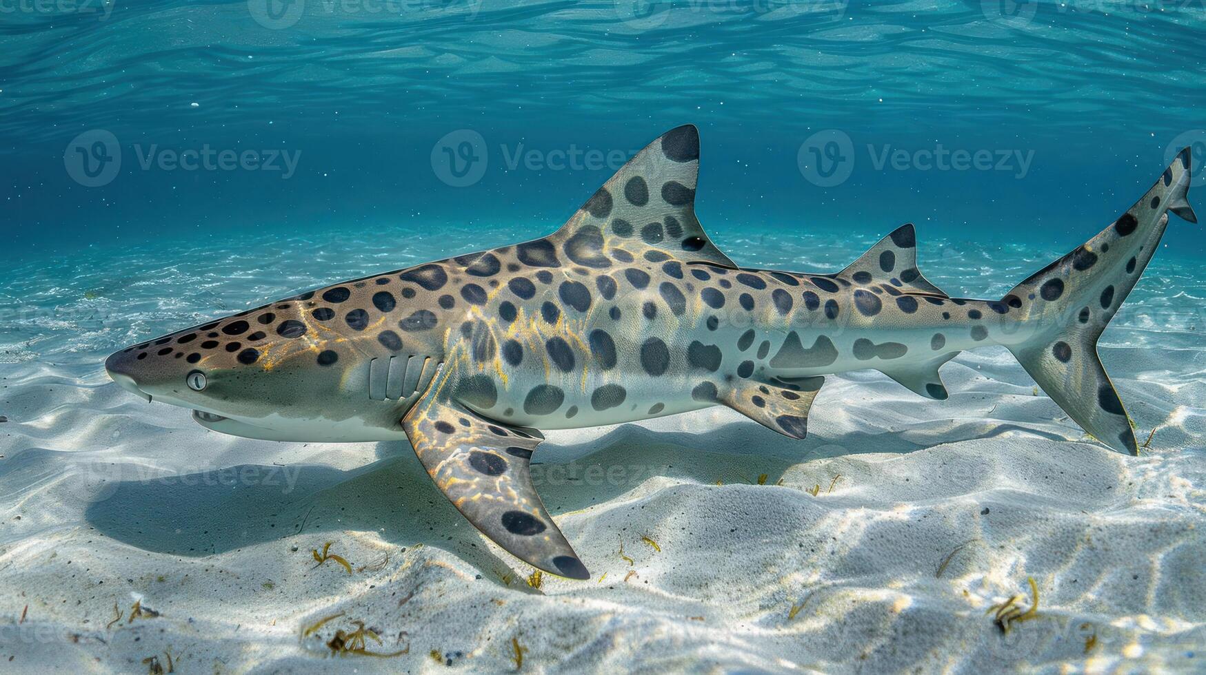 A graceful leopard shark swimming through clear turquoise waters, surrounded by sandy ocean floor photo