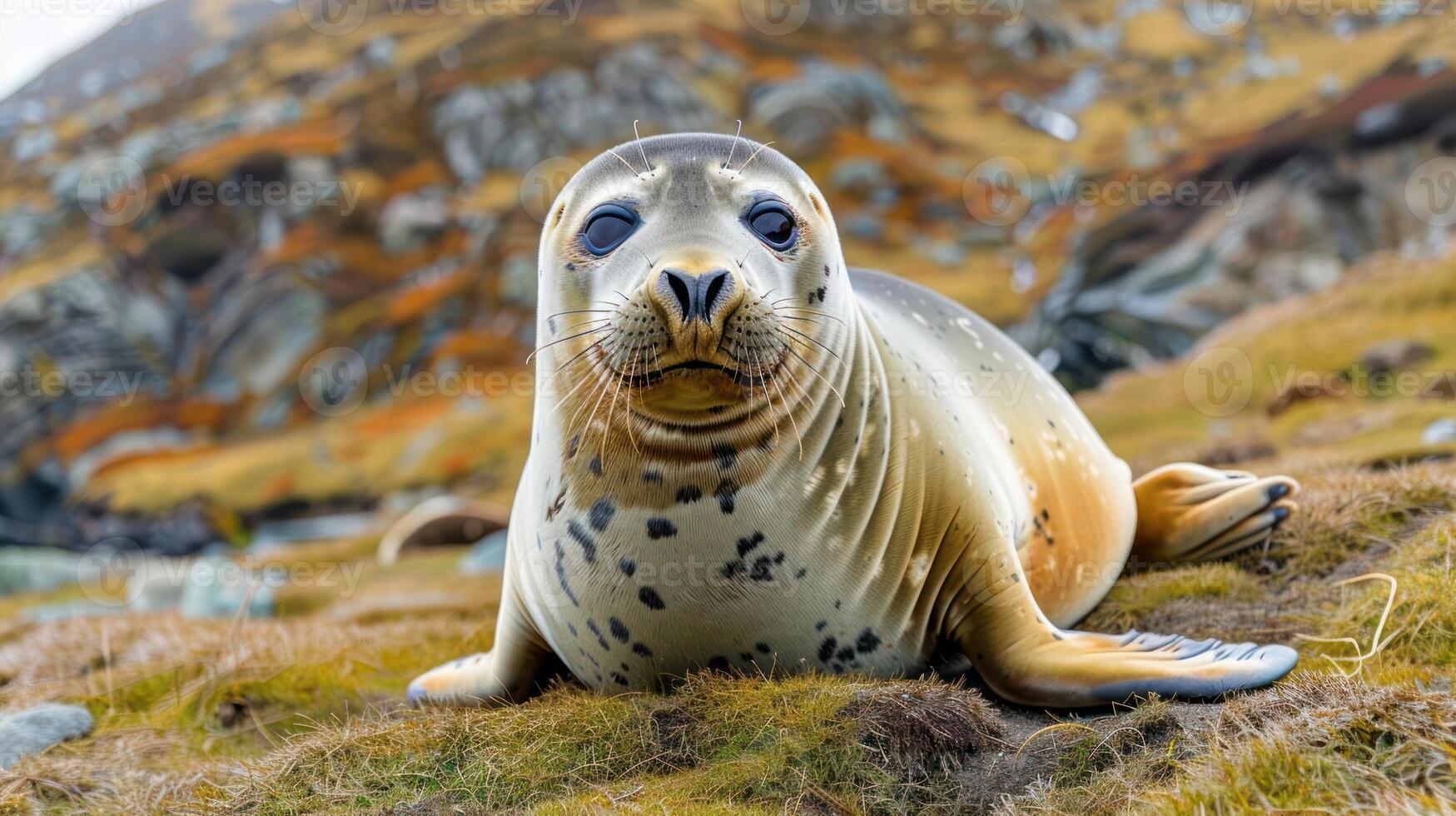 Close-up of a seal resting on a grassy shore with rocky hills in the background, showcasing nature photo