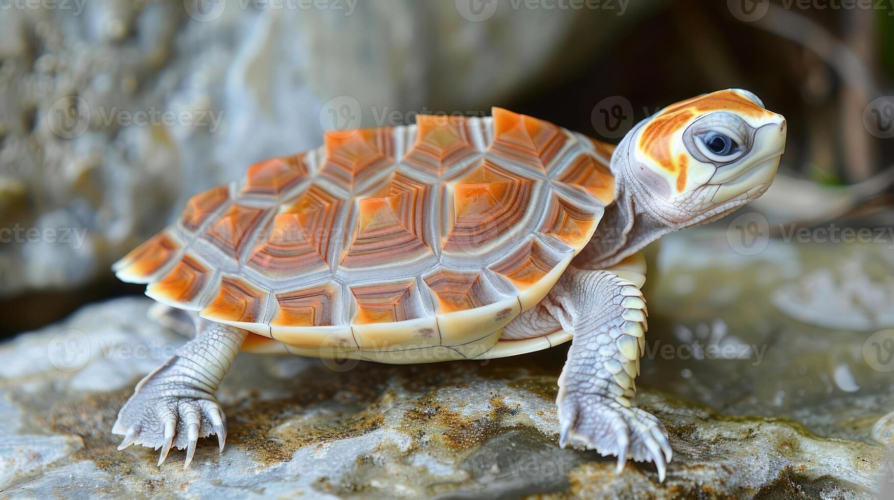 A young turtle with vibrant shell patterns resting on a rock near a serene water source photo
