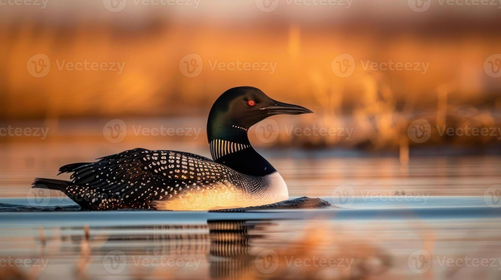 Serene Loon Swimming in Tranquil Waters at Sunset with Golden Reeds in Background photo